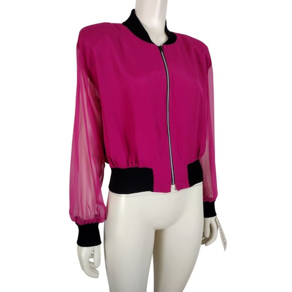 Vintage 1980s NWT Fuchsia Pink Sheer Sleeve Zippered Jacket Size M - Picture 2 of 11